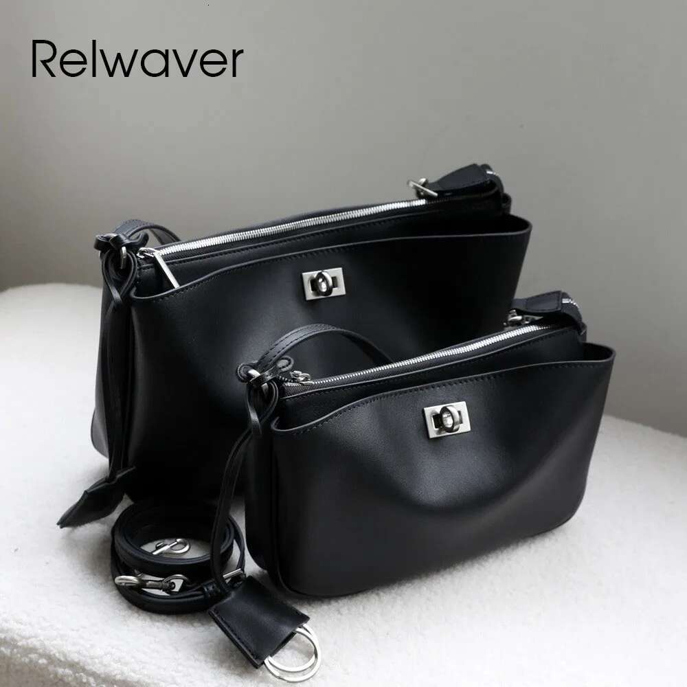 Relwaver Flap Second Layer Cowhide Zipper Shoulder Bag 2025 Spring Summer Black Versatile Crossbody Bags For Women