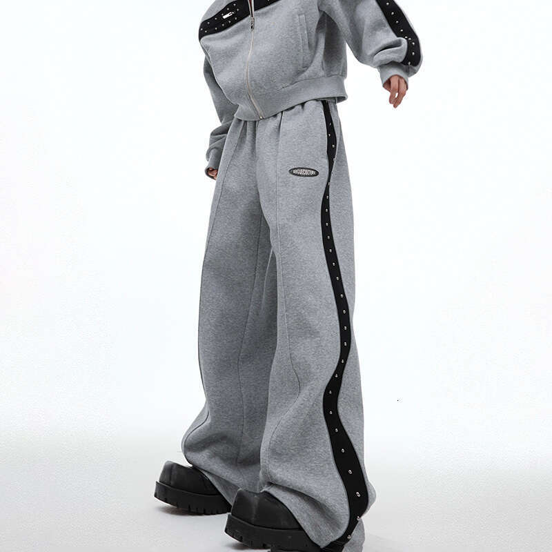 Autumn Winter Metal Rivet Color Contrast Patchwork Sweatshirts Niche Design Casual Men's Straight Sport Pants
