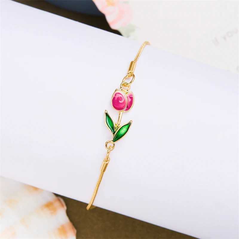 Jan Korea Elegant Tulip Rose Bracelet For Women Girls Sweet Colorful Flower Gold Color Metal Chain Bracelets Aesthetic JewelryXJ250109
