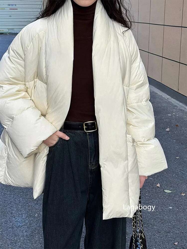 Lagabogy 2024 Winter Belt Waist-Tight Elegant Warm 90% White Duck Down Jacket Female Long Sleeve Solid Color V-Neck Puffer Coat