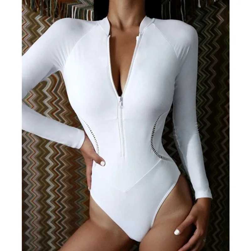 White Solid Color One-Piece Swimsuit Long Seve Swimwear Sports Womens Swimming Bathing Suit Beach Bather Surfing Swim WearXJ240108