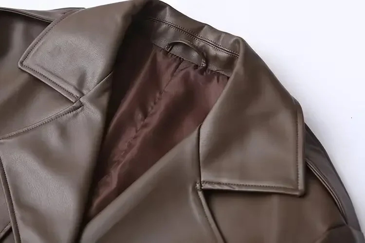 Womens Burgundy Leather Long Coat 2024 Fashion Lapel Vintage Overcoat with Belt Autumn Winter Chic Warm Solid Outerwear 250103