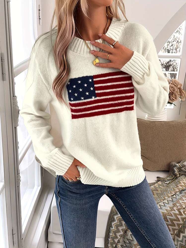 Plus Size Autumn And Winter New National Flag Pattern Women's Comfortable Loose Casual Sweater