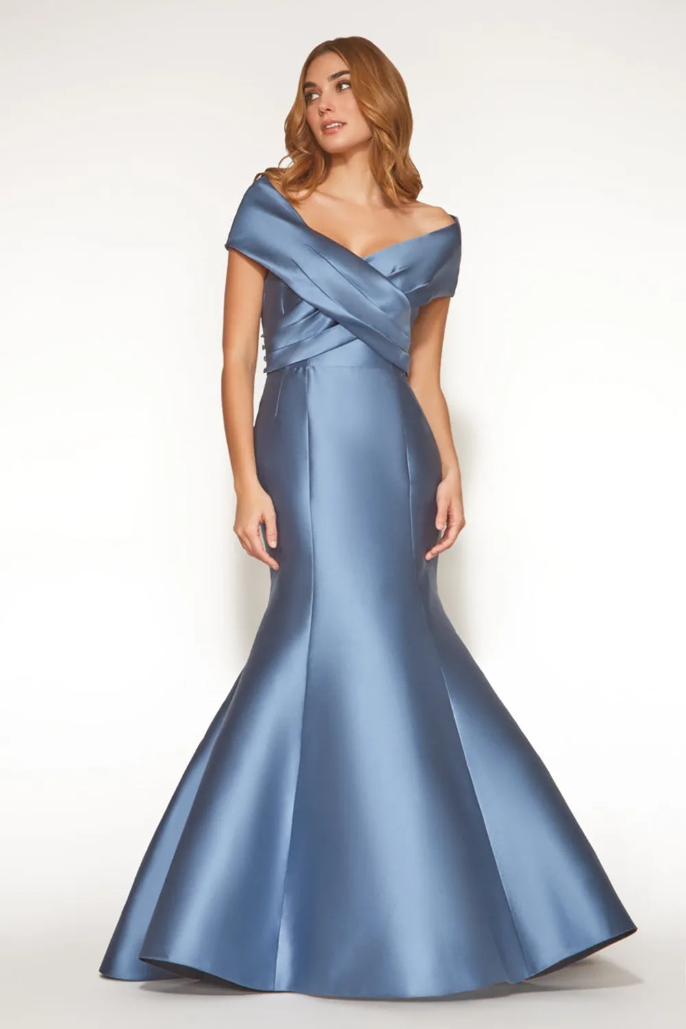 Elegant Smoke Blue Mother of the Bride Dress 2025 Off The Shoulder Pleats Floor Length Satin Formal Wedding Guest Party Dresses