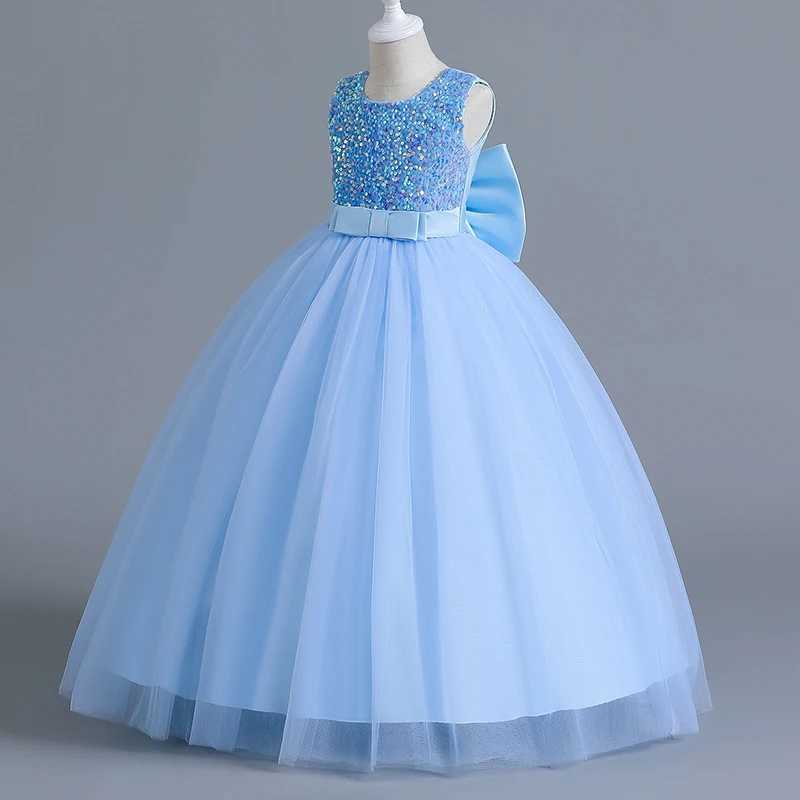 Luxury Girl Blue Sequined Dress 5-14T Children Formal Pageant Gala Prom Gown Bridesmaid Girl Wedding Costume Graduation ClothesXJ250108