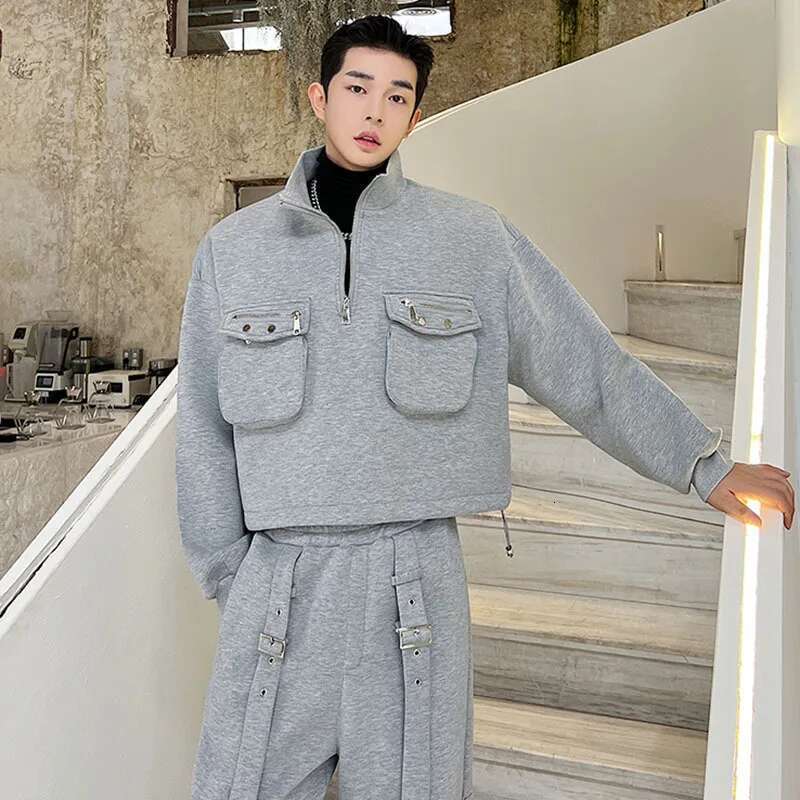 Street Men's Stylish Two Piece Set High Quality Pockets Splicing Design Tops Casual Cargo Pants Clothes Loose