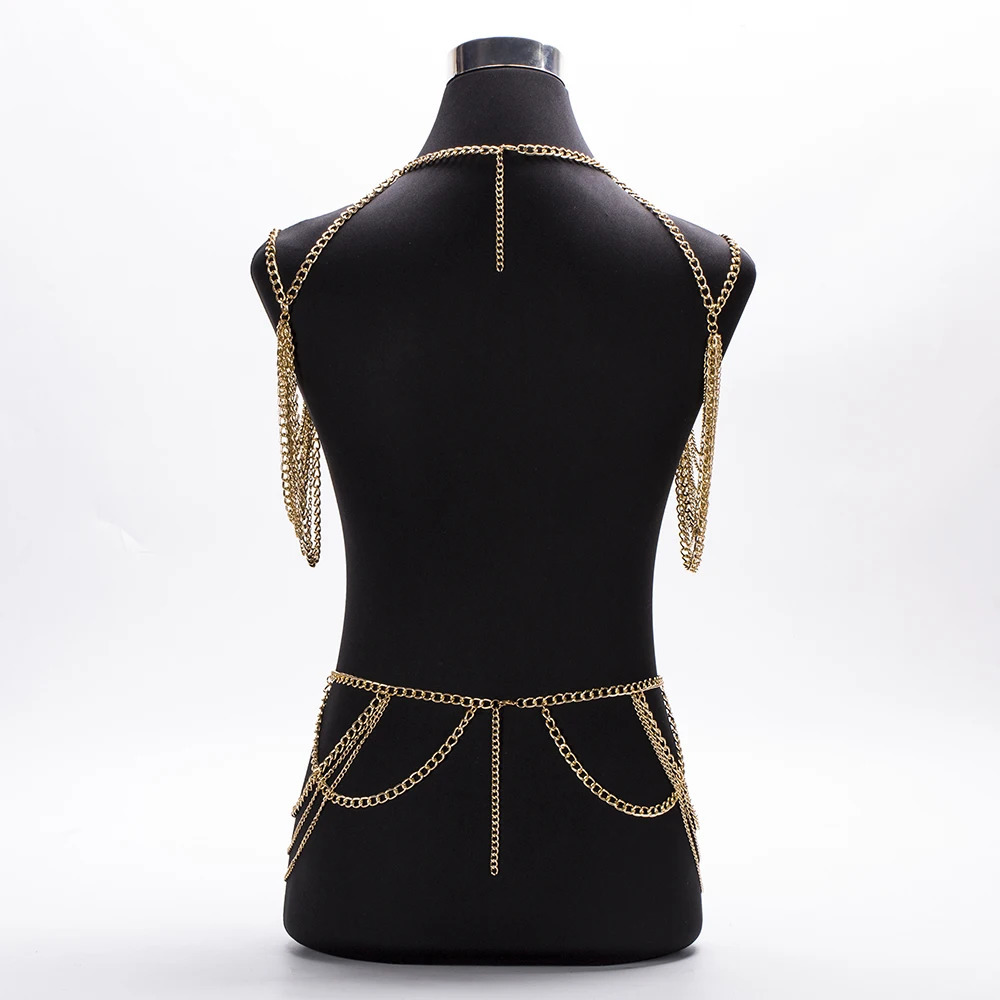 Fashion Jewelry Accessories ChestWaist Chain Set Heavy Metal Multilayer Tassel Gold Color Body Chain Necklace For Women 250107