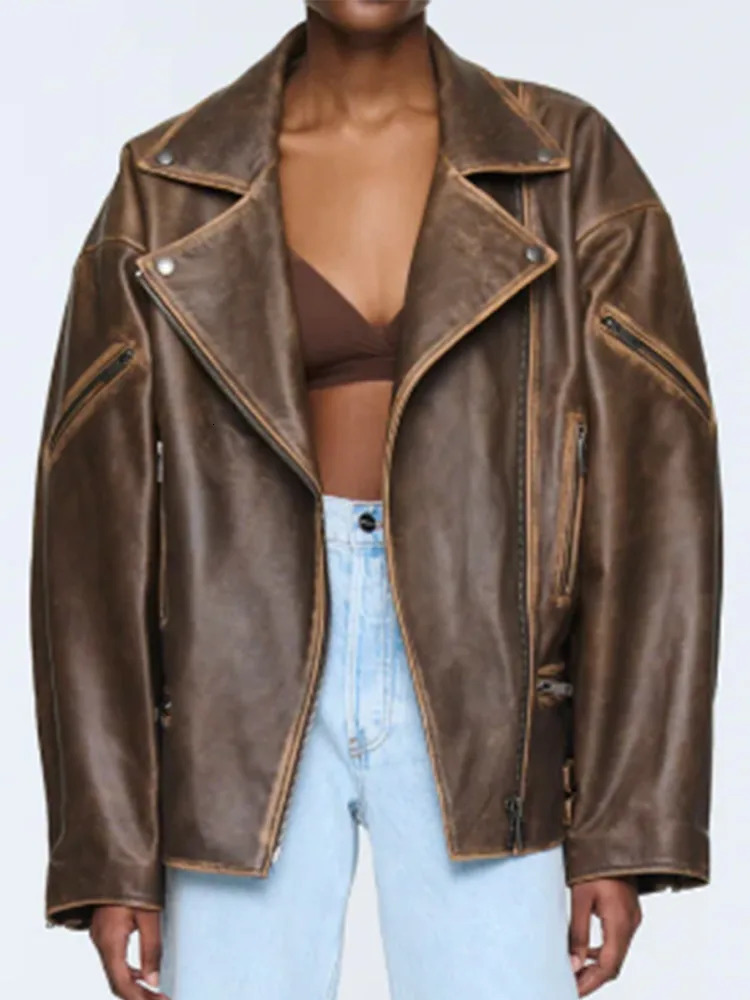 Spring Retro Brown Zipper Leather Jacket Fashion Woman Loose Casual Pocket Lapel Coats 2025 Ladies Chic Commute Outerwears 250103