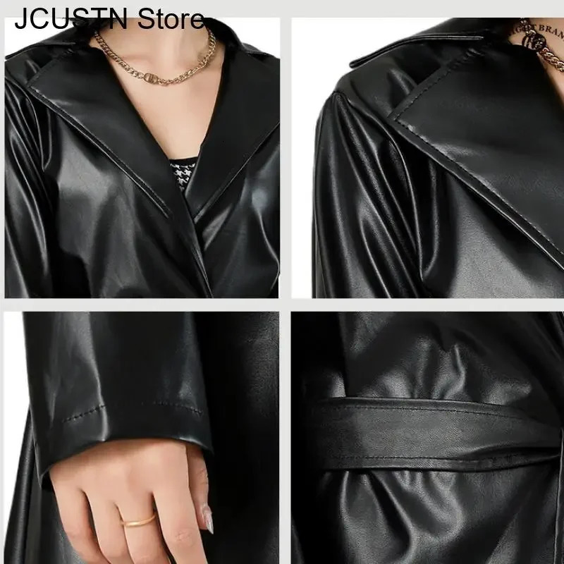 Long Faux Pu Leather Trench Coat Women Black Lapel Loose Fit Fall Stylish Jackets Casual Elegant Y2K Maxi Windbreak 250103
