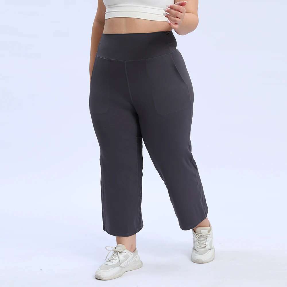 Vnazvnasi Nylon Plus Size Women Yoga Middle Waist Wide-Legged Trousers With Pockets 2 Sides Fiess Seven-Minute Pants
