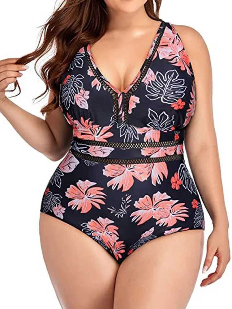 Plus Size Swimsuit Women 2023 Swimwear One Piece Tankini Large Size Solid Color Swimming Sport Mesh Stitching Bikini BathingXJ240108