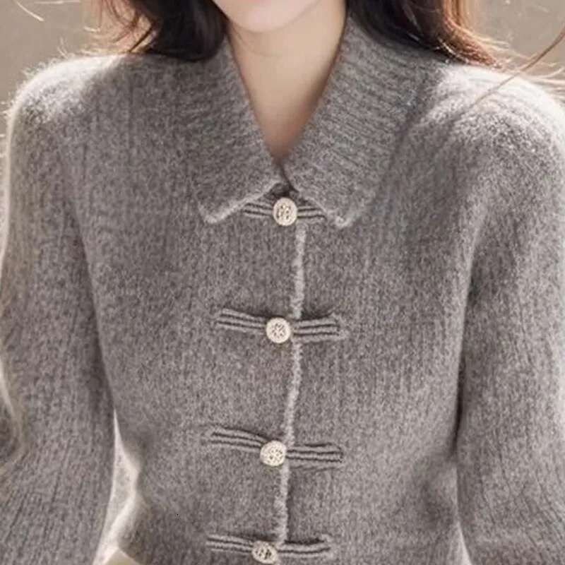 Autumn Winter Button Slim Solid Color Knitting Women Clothing Indie Folk Polo Collar Long Sleeve Chinese Style Sweater Top