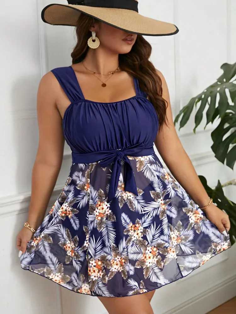 Tankini Plus Size Swimwear Women 2024 Swimdr Two-Piece Swimsuit Woman Bikini Beachwear Print High Waist Bathing Suit MonokiniXJ240108