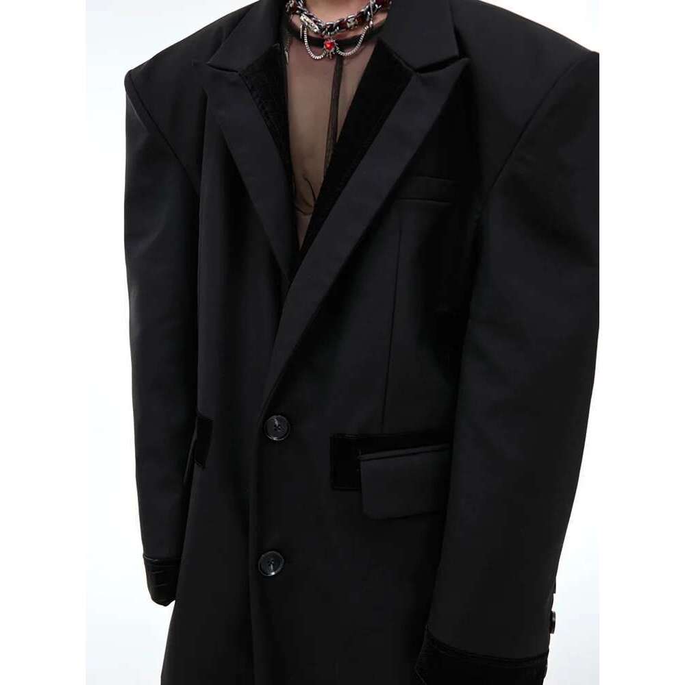 Original PU Leather Patchwork Design Men Trench Coat Padded Shoulder Personalized Fashion Male Windbreaker