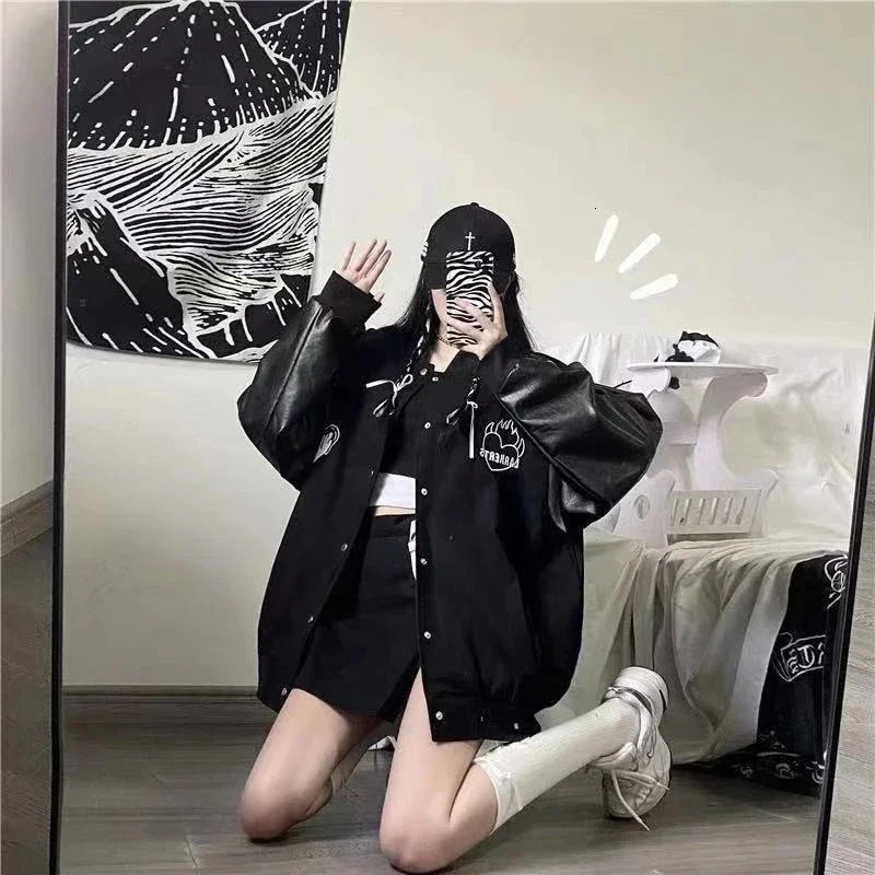 MEXZT Harajuku Black Coat Women Patchwork Bomber Jackets Bf Streetwear Korean Leather Print Oversized Casual Baseball Jacket 250109