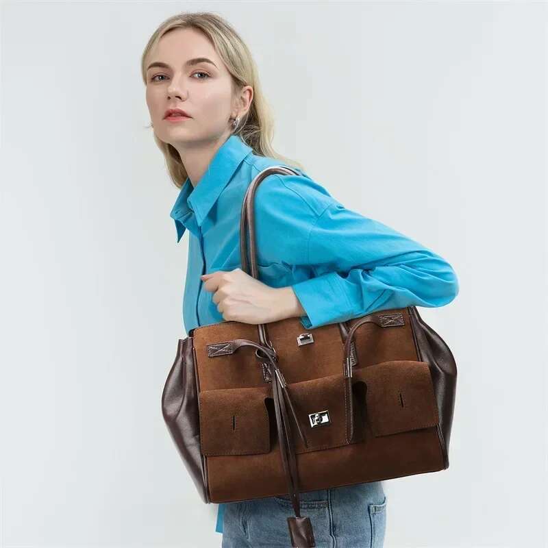 Vintage Scrub Pu Leather Shoulder Design Large Capacity Multi-Pocket Women's Tote Bag OL Daily Commuter Handbag 2024