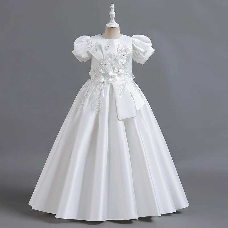New Girls Satin Handmade Beaded Puffy Princess Bubble Sleeve Piano Host Birthday Performance Par Birthday DressXJ250108