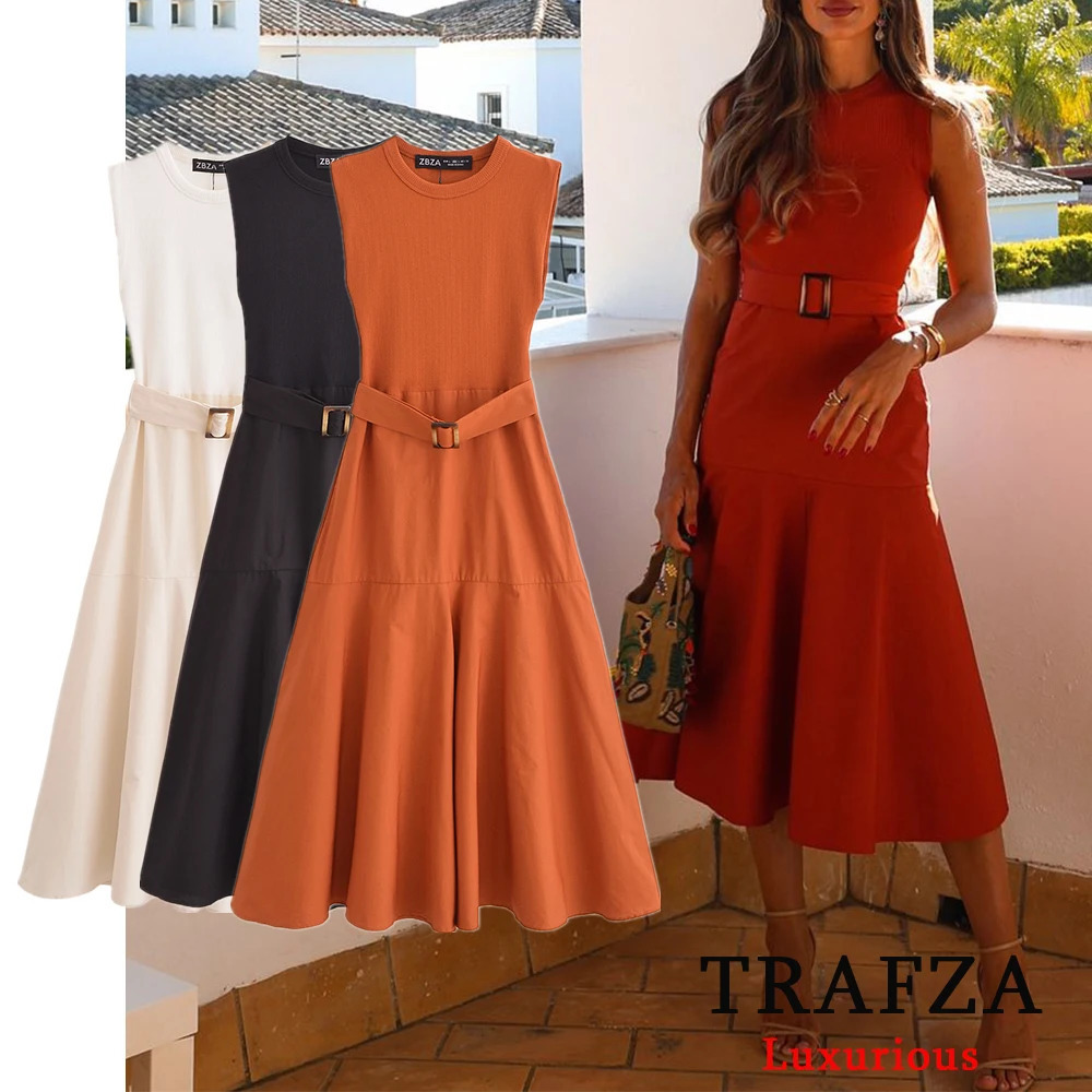 TRAFZA Elegant Solid Knitted Patchwork Midi Dress Women O Neck Sleeveless Belted Dresses Chic Lady Party 250106