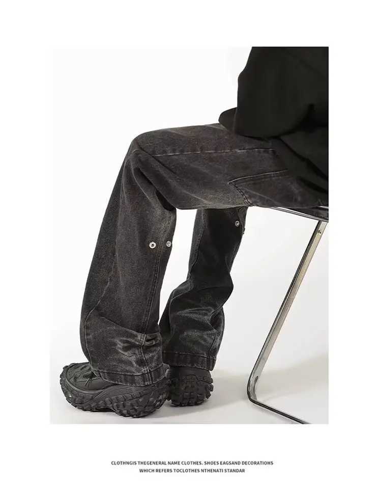 Washed Micro Flared Jeans for Men Straight Casual Bag Denim Trouser Split Wash Jeans for Men Distressed Streetwear Y2k Mens M250109