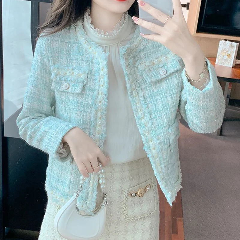 Rimcoy Korean Sweet Tweed Jacket for Women Fashion Pearls Decor Round Neck Dress Coats Woman Long Sleeve Chic Jackets Female 250109