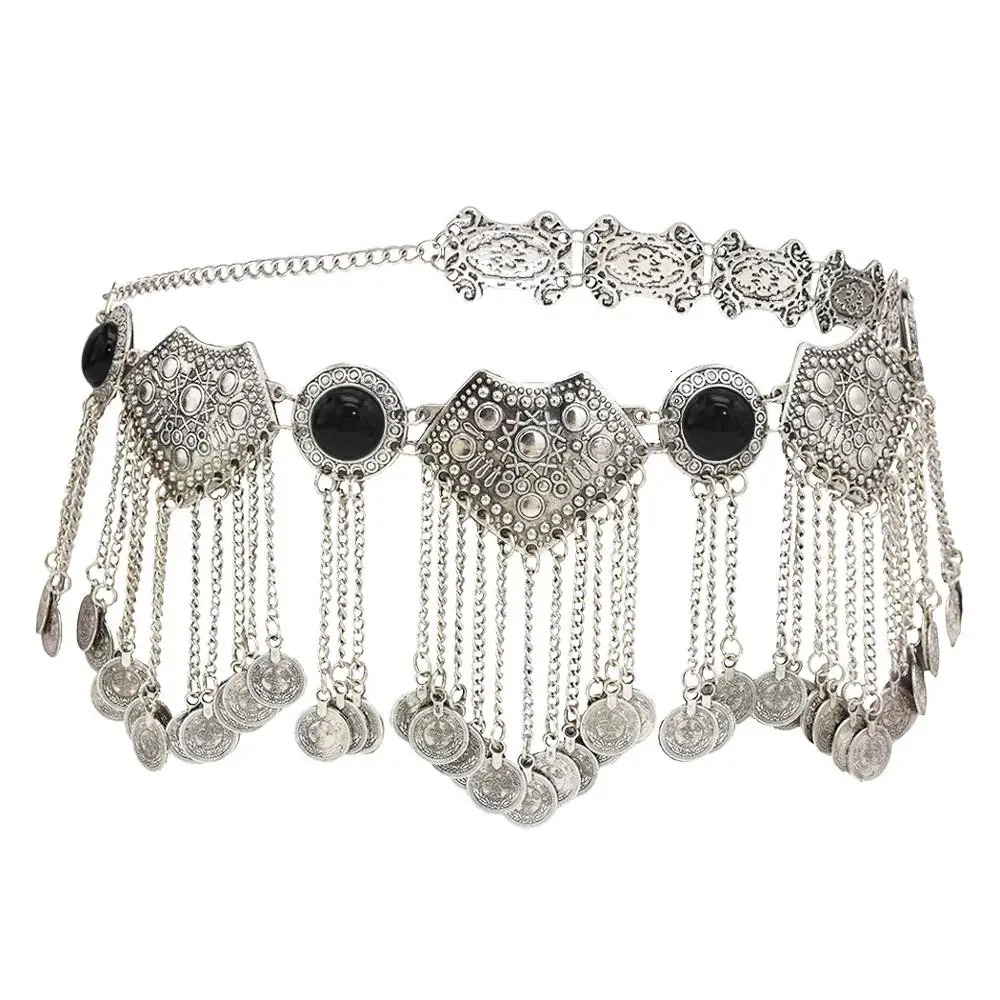 Vintage Gypsy Tribal Long Coin Tassel Ethnic Metal Waist Belly Chain Acrylic Gem Belts Turkish Afghan Dress Indian Body Jewelry 250107