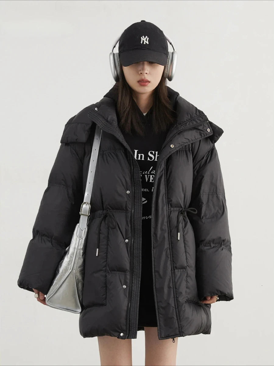 CHIC VEN Women Loose Solid Hooded Waist Puff Female Down Jacket 90 White Duck Coat Winter New 2024