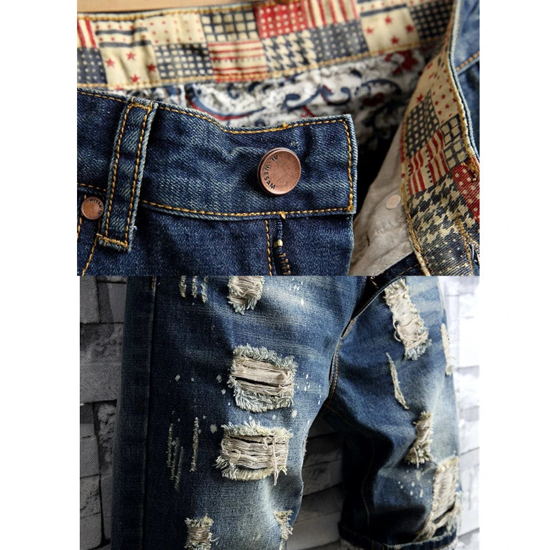 Summer Blue Men Vintage Ripped Short Jeans Streetwear Hole Slim Denim Shorts Male Clothes Big Size 2836 38 40 250109