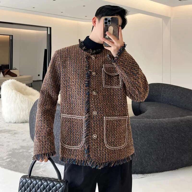 Tweed Woven Suit Jacket Trendy Men's Damaged Rough Edges Burrs Original Design Korean Elegant Stylish Blazer Coat Lz1730