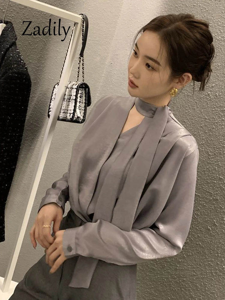Zadily Spring Office Lady Long Sleeve Women Satin Blouse Korea Style V Neck Bandage Woman Shirt Female Clothing Tops 250109