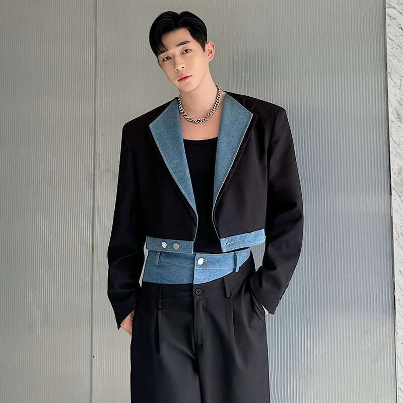 Denim Patchwork Short Suit Jackets Elegant Two Piece Color Contrast Design Personalized Trendy Straight Pants Sets