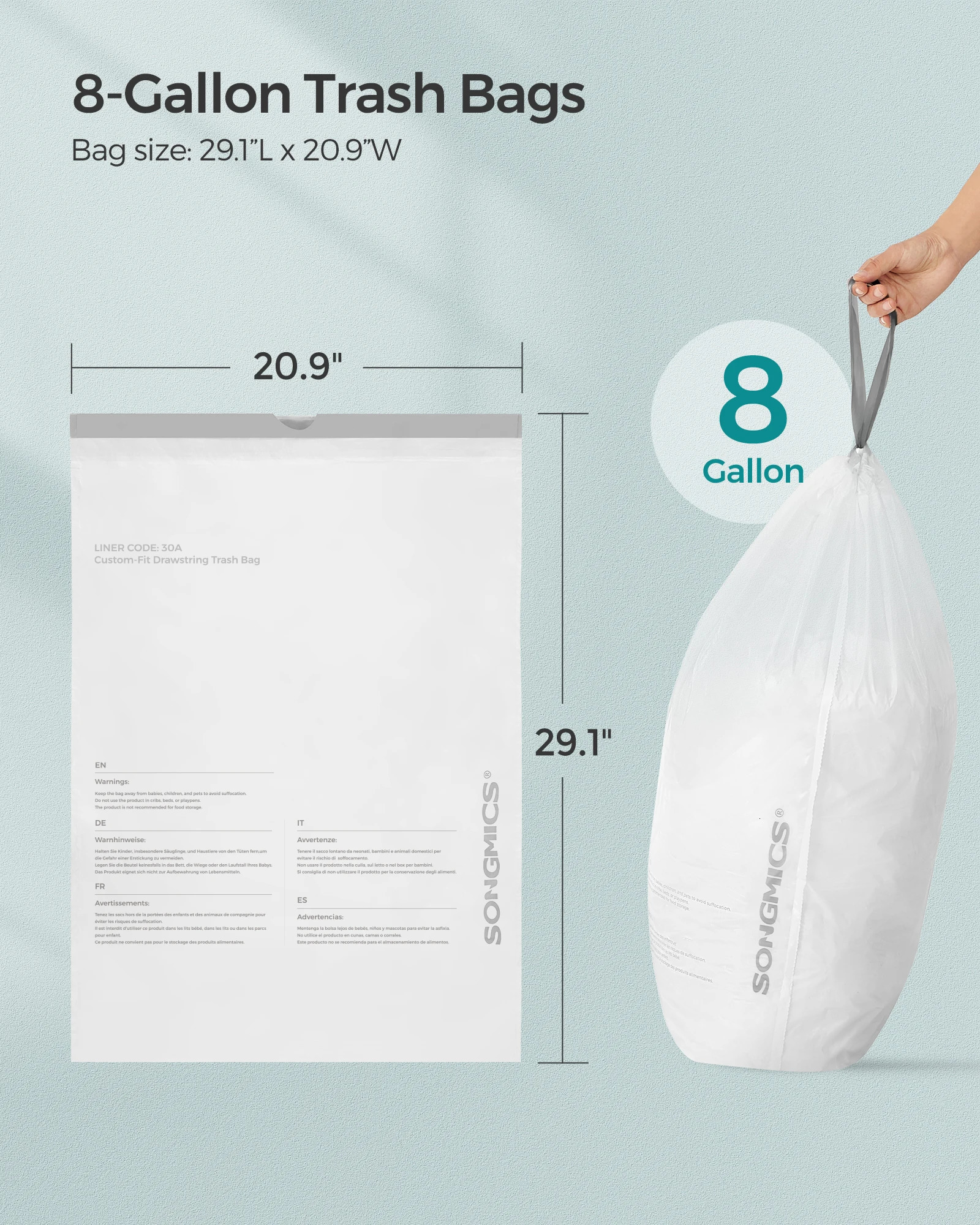 SONGMICS Trash Bags for 8-Gallon 30L Trash Cans 90 Count Drawstring Kitchen Garbage Bags Pre-Separated Liner Code 30A 250106