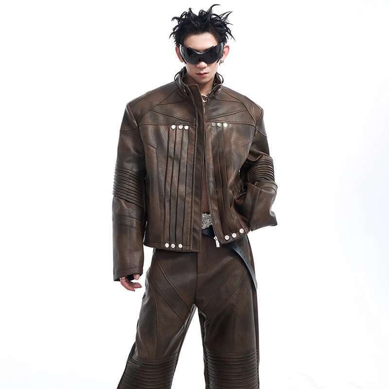 Liquid Design Pleated Leather Jacket Streetwear Elegance Motorcycle Clothing High End Pants Male New