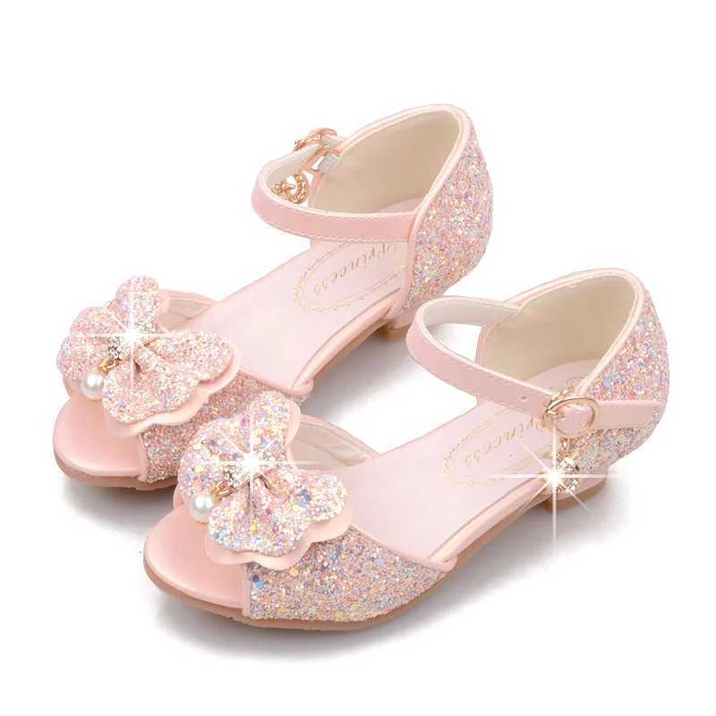 Girl princess shoes shiny childrens high heels white show leather shoes new summer girl bow painting performance sandals W250108