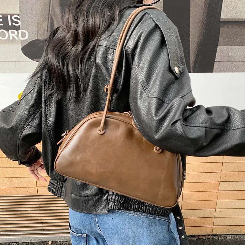 Motingsome Retro 100% Calfskin Women Designer Bag Natural Plant-Tanned Leather Cowhide Satchel Lady Pillow 2025 New