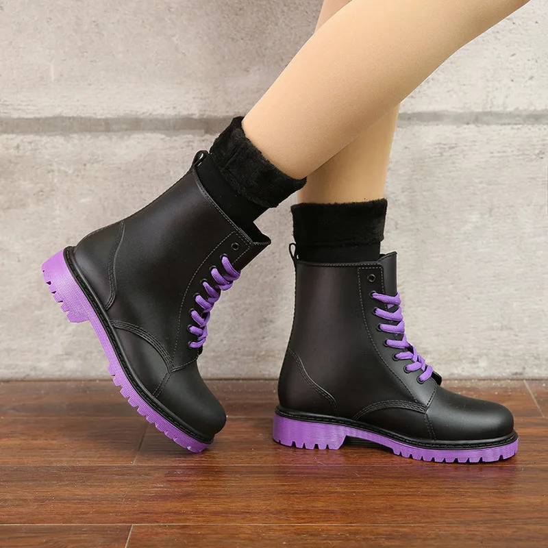 Fashion Womens Rain Shoes Waterproof Shoes Womens Clay Rubber Shoes Lace Ankle Boots Sewing Rain Boots Large 44 250106