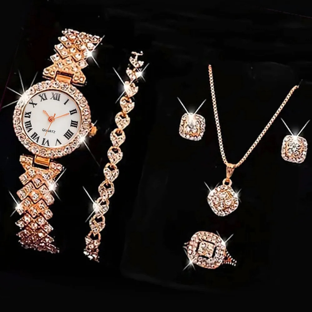 Womens Quartz Watch Gold Women Ring Necklace Earring Fashion Wristwatch Casual Ladies Watches Jewelry Set 241228