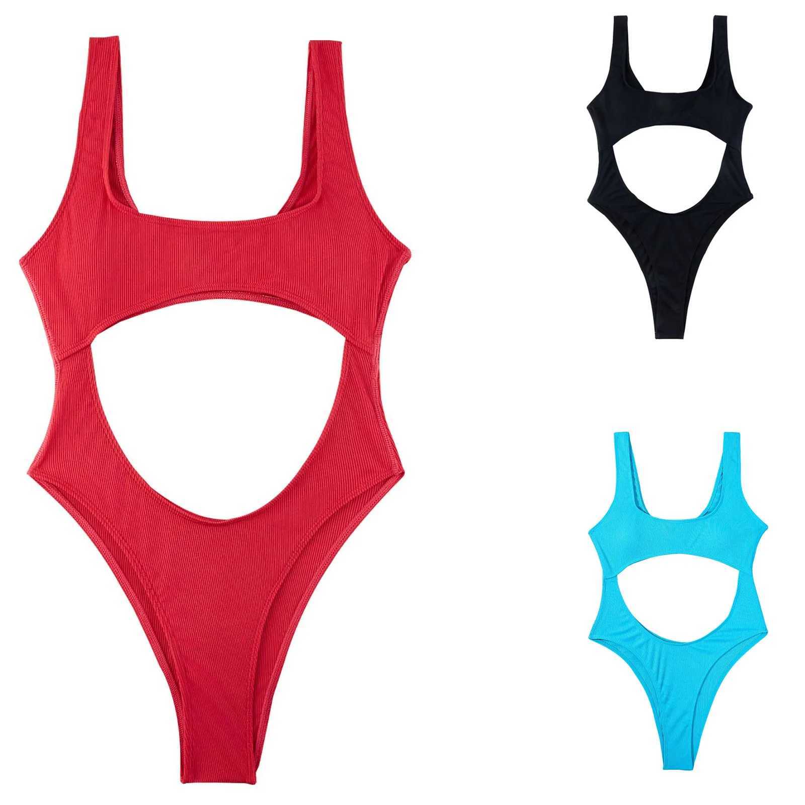 Sexy Hollow Out Swimsuit Womens Solid Bikini Summer 1 Piece Swimwear SquareNeck ss Monokini Fa Bathing Suit BeachwearXJ240108