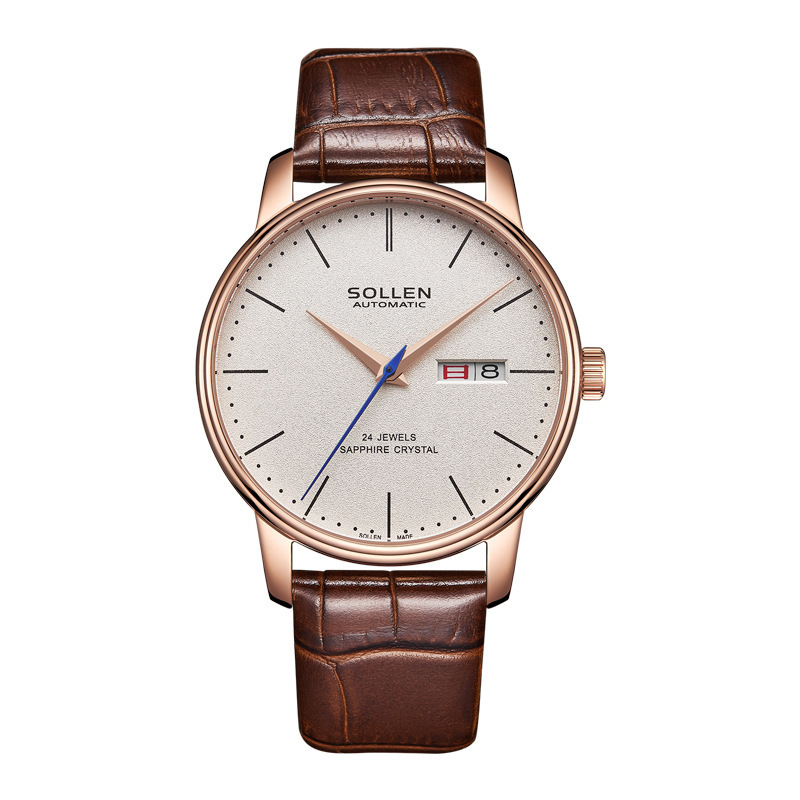 Stylish SOLLEN Business Automatic Watch with Dual Calendar and Leather Band