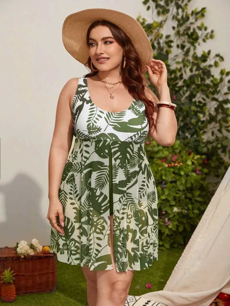 Large Size Plant Print Ruff H One Piece Swimsuit Plus Swimwear Fa Bathers Bathing Swimming Suit Summer BeachwearXJ240108
