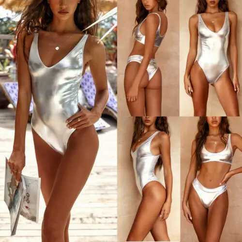 Sexy Shiny Gold/Silver Metallic ather Neck Biquini Bathing Suit Swimsuit Plus Size Swimwear Women Brazilian Bikini hotXJ240108