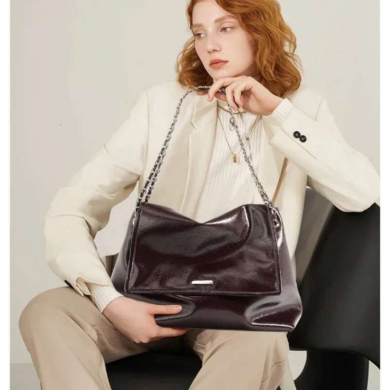 Chain Handbag Genuine Tote Women Vintage Brand Soft Cowhide Leather Shoulder Fashion Bag 2025