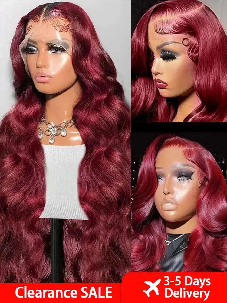 13x6 99J Bury Body HD Transparent 13x4 Front Human Hair 30 40 Inch Red Colored Water Wave Lace Frontal Wigs