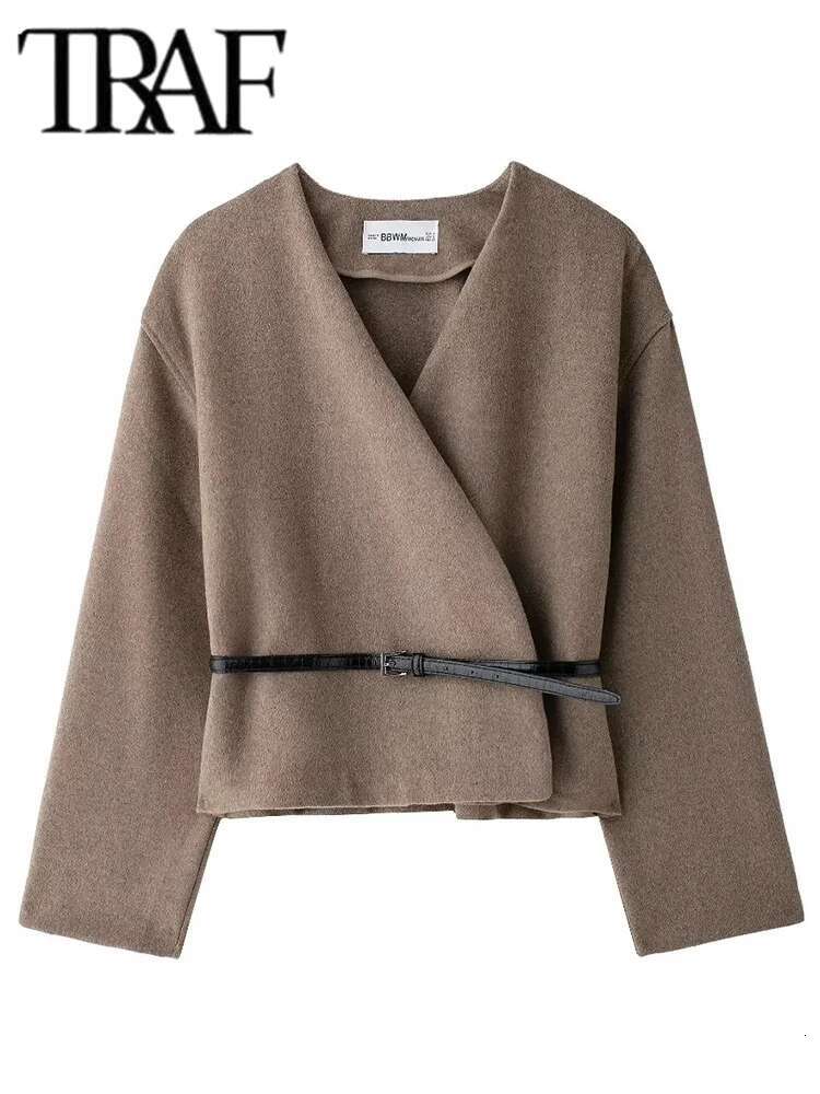 TRAF Elegant Street Jacket 2024 Fashion Comfortable Short Jackets For Women Belt Casual Coat Long Sleeve New Outerwears