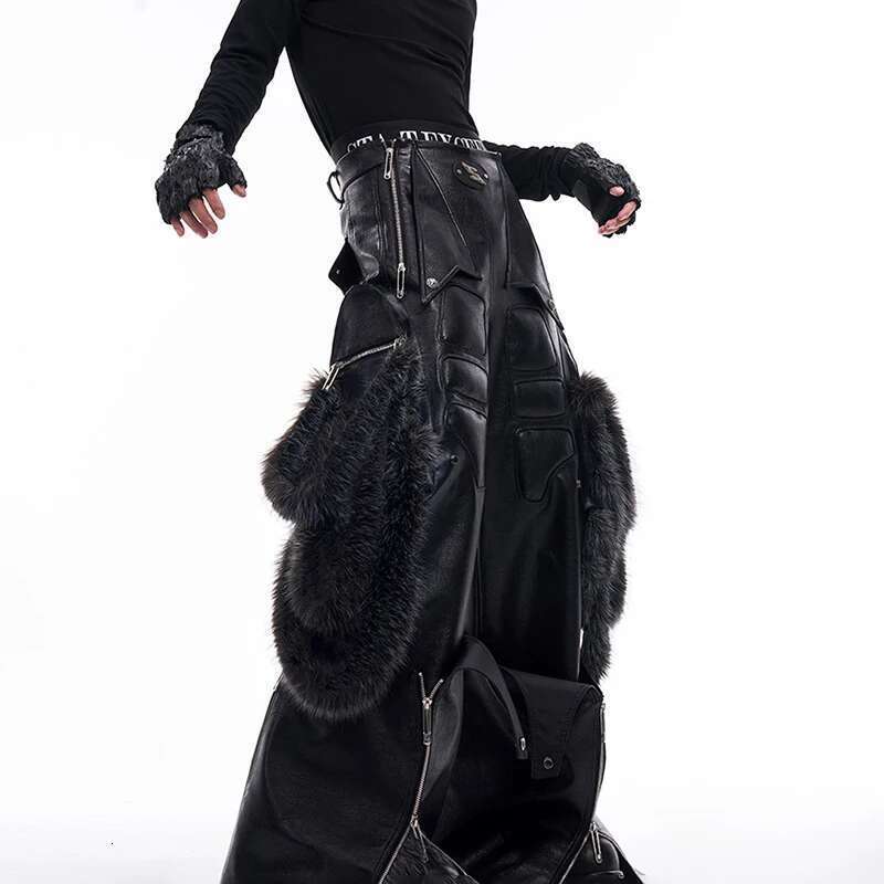 Autumn Original Designer New In Faux Leather Trousers Detachable Splicing Imitation Fur Pants High End Street