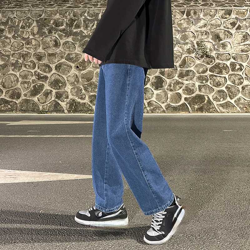 Solid jeans mens high waisted retro streetwear mens pants pockets wide leg jeans straight stretch jeans washed denim springs M250109
