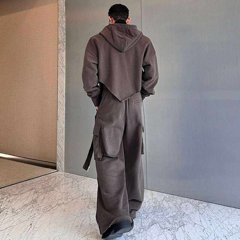 Autumn Fashion Personality Asymmetric Design High Street Hooded Jacket Baggy Casual Pants Men Two-Piece Sets