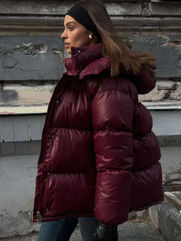2024 Women Bury Hooded Thicken Cotton Jacket Solid Stand Collar Long Sleeve Female Short Coat Winter Commute Overcoat