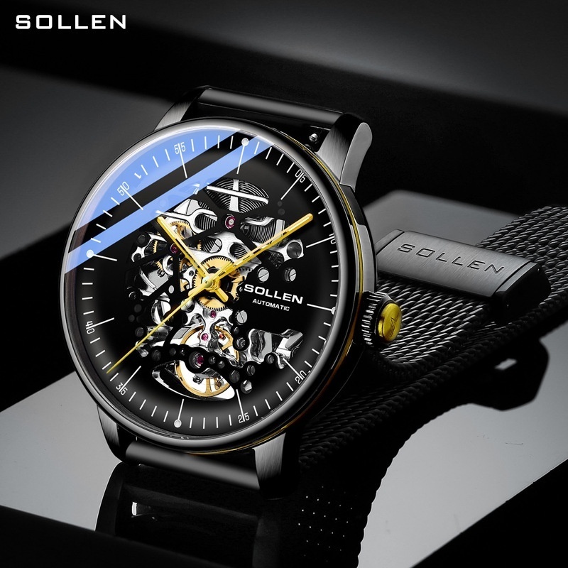 SOLLEN Fashionable Men's Mechanical Watch with Arc Skeleton Dial and Luminous Features