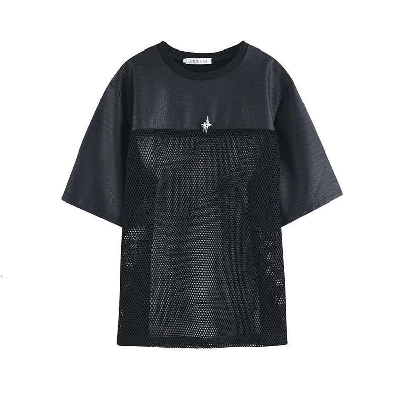 Hollow Out Mesh Splicing Design T-Shirt Short Sleeve Men's 2024 Summer Street High Quality Solid Color Trendy Tops 5C8911