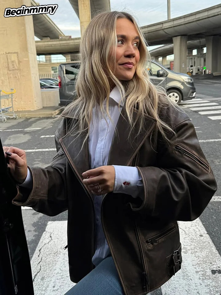 Spring Retro Brown Zipper Leather Jacket Fashion Woman Loose Casual Pocket Lapel Coats 2025 Ladies Chic Commute Outerwears 250103